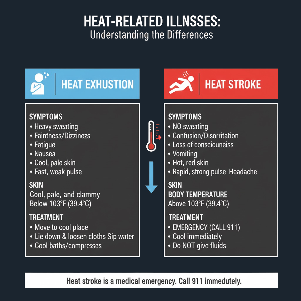 Heat exhaustion vs heat stroke first aid