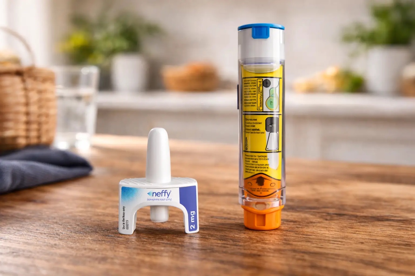 neffy epinephrine nasal spray beside an EpiPen trainer