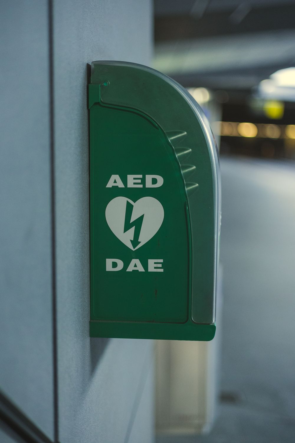 AED defibrillator wall unit on Ontario construction site